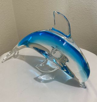 Art Glass Ice Blue Dolphin Hand Blown Glass Statue Sea Life Figure Large 10”x6”