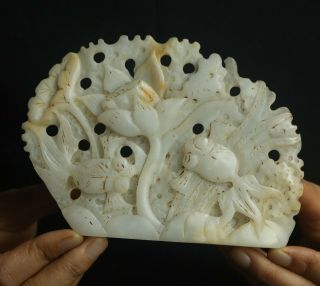 Old Natural Hetian White Jade Hand - Carved Fish And Flower Plate Bi
