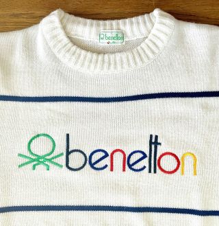 Vintage 80s United Colors Of Benetton Big Logo Sweater Mens Size Rainbow L White