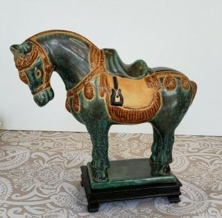 Vintage Old Tang Dynasty Chinese Ceramic War Horse Statue Tri Color 9.  5 " Decor