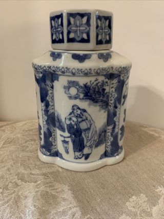 Vintage Blue & White Flow Chinese Porcelain Tea Caddy Oval Ginger Jar Figural