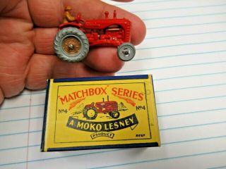 Vintage Moko Lesney Matchbox Gmw No 4 Red Massey Harris Tractor & Orig B1 Box