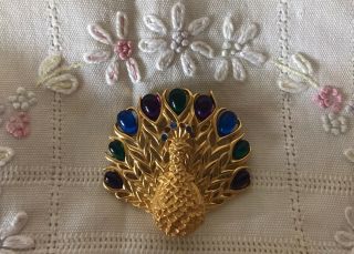 Vintage Gold Tone Peacock With Colorful Stones Trifari Brooch