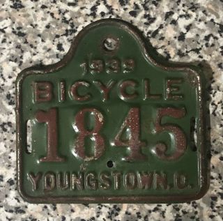 Vintage Youngstown Ohio Bicycle License Plate 1939 Prewar