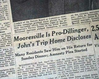 John Dillinger Visits Mooresville Indiana & Pana Il Bank Robbery 1934 Newspaper