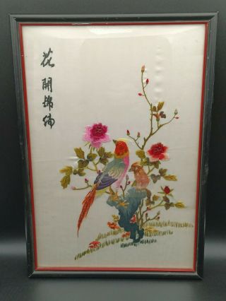 Handwoven Silk Chinese Embroidery - Colorful Bird Of Paradise Floral Framed Art