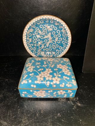 Antique Vintage Chinese Blue White Enamel Cloisonné Trinket Box Dish Plate Qing