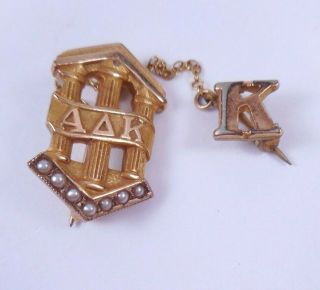 Vintage 10k Solid Gold Alpha Delta Kappa Sorority Fraternity Pin W/ Seed Pearls
