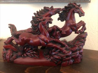 Vintage 3 Wild Horses Running Galloping Sculpture Figure Mandarin Red Resin
