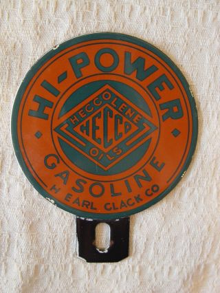 Vintage Heccolene Hi - Power Hecco Oil 2 - Piece Porcelain License Plate Topper