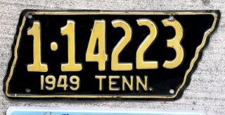 1949 Yellow On Black Tennessee State Shaped License Plate 1 = Davidson County