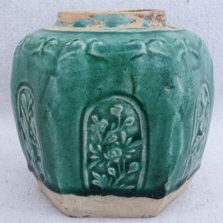 Antique Chinese Green Shiwan Pottery Floral Tea Storage Ginger Spice Jar Vase 5 "