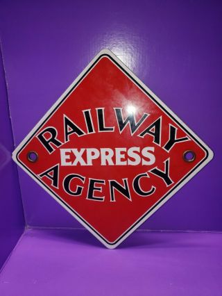 Vintage Heavy Porcelain Sign Railway Express Agency 8 " X 8 " With Grommets