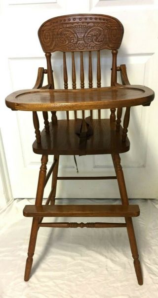 Vintage Oak Press Back Wooden Baby Feeding Youth High Chair With Swing Tray