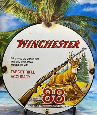 Vintage Winchester Rifle Porcelain Sign 1955 Hunting Gun Oil Gas Station Buck 88