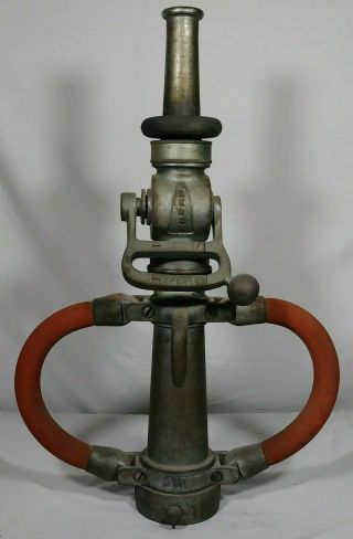 Antique Large Fire Hose Nozzle With Handle 20.  5 " Akron Brass Mfg Co.  Wooster Oh