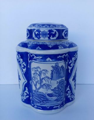 Vintage Ren Blue & White Flow Chinese Porcelain Tea Caddy Oval Ginger Jar