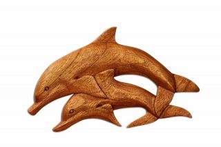 Wooden Hand Carved 2 Dolphins Wall Decor Plaque Hanging Sculpture Handmade Wood