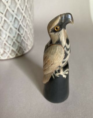 Hand Carved Buffalo Horn Eagle Bird Scrimshaw Carved Hawk/falcon 3 1/2” Tall