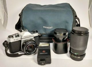 Pentax K1000 35mm Film Slr W/ Lenses 2x Converter Flash Vintage Camera Bag