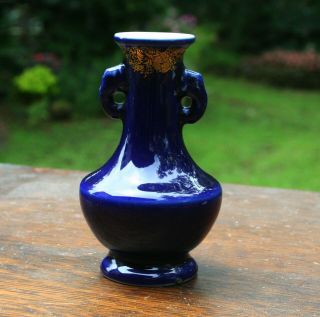 Antique Chinese Porcelain Cobalt Blue Bud Vase With Gold Leaf Trim