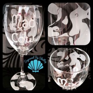 Personalised Cow/ Cattle Wine Glass Gift Handmade & Message Engraving Moo