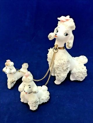 Lefton White Spaghetti Poodle Mom And 2 Pups Gold Chain Vintage Pink Flower