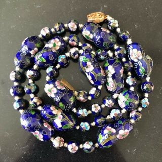 Vintage Antique Chinese Blue Cloisonne Enamel Flower Beaded Necklace Unique Nr