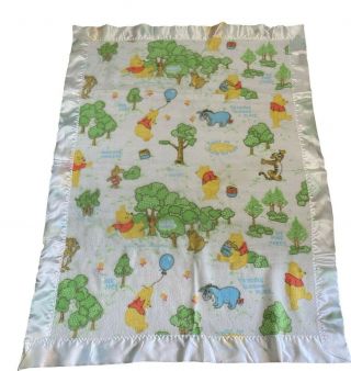 Vtg Winnie The Pooh Baby Blanket 100 Acre Wood Satin Trim 36 " X 48 " Made In Usa