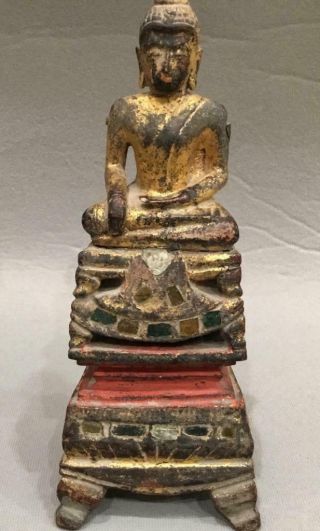 Antique Thai Gilt Carved Wood Jeweled Seated Buddha Nr
