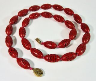 Vintage Chinese Carved Cinnabar Lacquer Bead Necklace Filigree Clasp 25”
