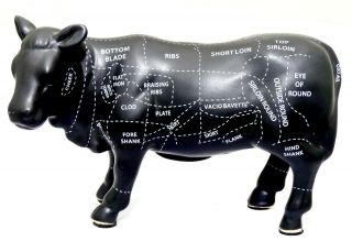 Rare Ceramic Black Cow Figurine W/ Beef Cooking Chart Restaurant Decor Coin Bank