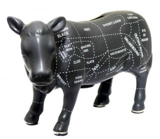 RARE CERAMIC BLACK COW FIGURINE w/ BEEF COOKING CHART RESTAURANT DECOR COIN BANK 2