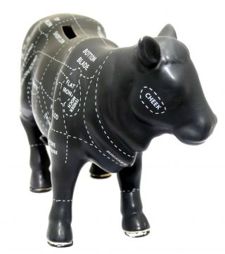 RARE CERAMIC BLACK COW FIGURINE w/ BEEF COOKING CHART RESTAURANT DECOR COIN BANK 3