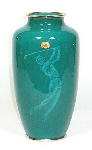 Japanese Musen Wireless Cloisonne Vase With Golfer - Marked Sato