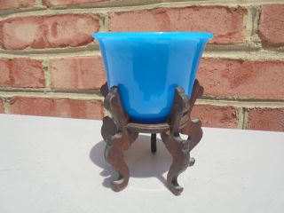 Antique Chinese Peking Beijing Glass Blue Bowl On Wood Stand