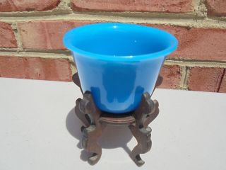 Antique Chinese Peking Beijing Glass Blue Bowl on Wood Stand 2