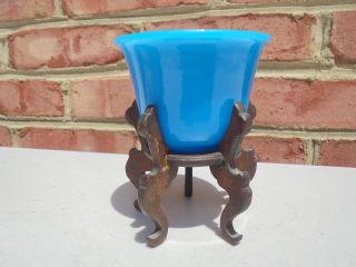 Antique Chinese Peking Beijing Glass Blue Bowl on Wood Stand 3