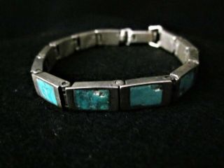 Vtg Native American Zuni Sterling Silver/ Turquoise Inlay Link Bracelet - 6 1/2 "