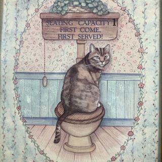 Vtg 90s Figi Graphics Framed Cat Art Print Kitty Sitting On Toilet First Served