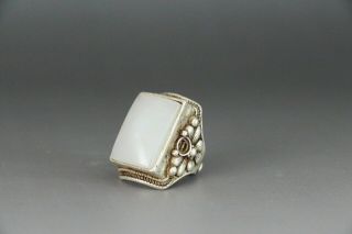 Chinese Antique Qing Dynasty Hand Carved Hetian Silver Inlaid Jade Ring