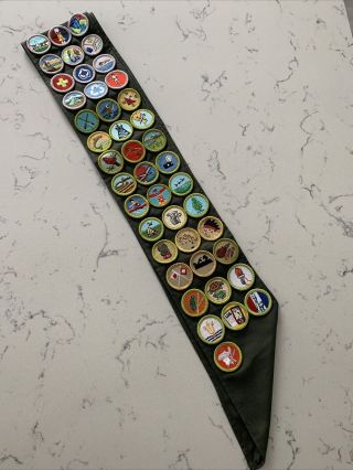 Vintage Bsa Boy Scouts Sash 43 Merit Badges & Patches Olive Green Color
