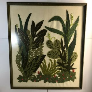 Large Vintage Crewel Needlework Framed Green Plants 1973 Retro 30” X 26”