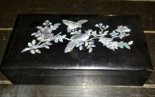 Vintage Chinese Black Lacquer Box With Mother Of Pearl Inlay