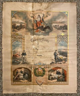 Rare Circa 1880s Grand Army Of The Republic Certificate Color Litho 18x22