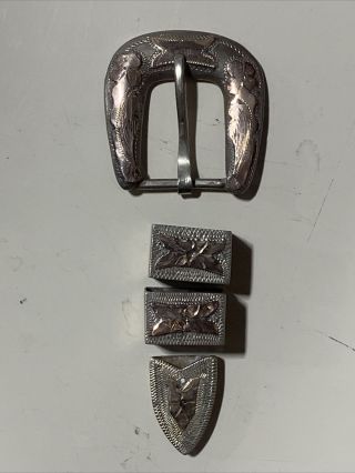 Vintage Sterling Silver 10k Gold Ranger Western Engraved Belt Buckle Set Mexico