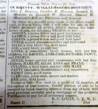Rare 1860 Charleston South Carolina Newspaper W Named Slaves Ad On Fp
