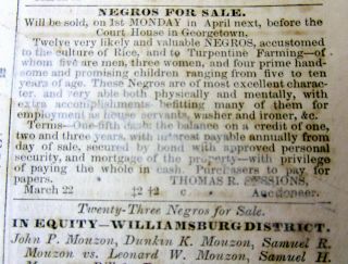 Rare 1860 Charleston SOUTH CAROLINA newspaper w NAMED SLAVES AD on FP 3