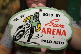 Sam Arena Motorcycle Racing Harley Davidson Indian Gas Oil Porcelain Metal Sign