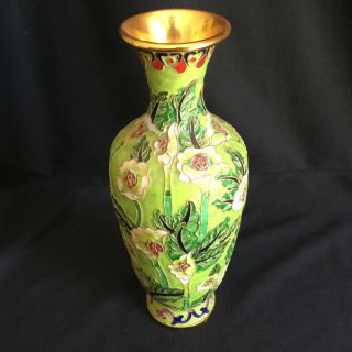 Vintage Chinese Enamel On Brass Cloisonne 10” Floral Decorated Vase